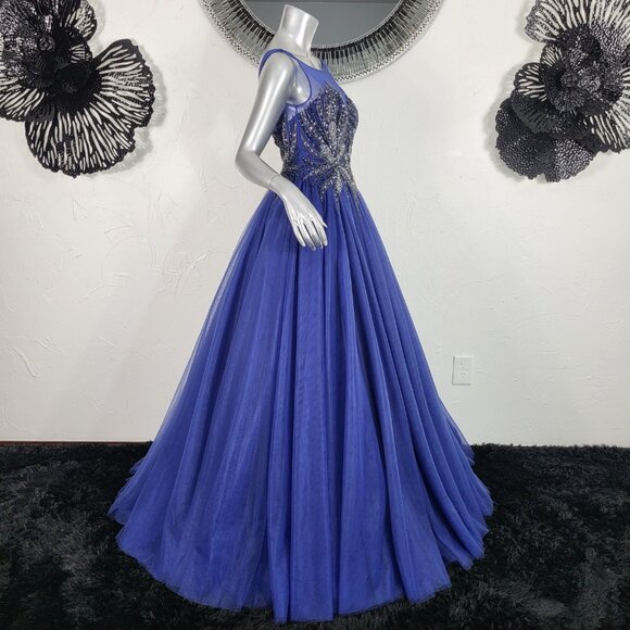 NWT~$625~FLAIR~6~BLUE BEADED EMBELLISHED FIT & FLARE PROM BALL GOWN MAXI DRESS - Picture 5 of 16